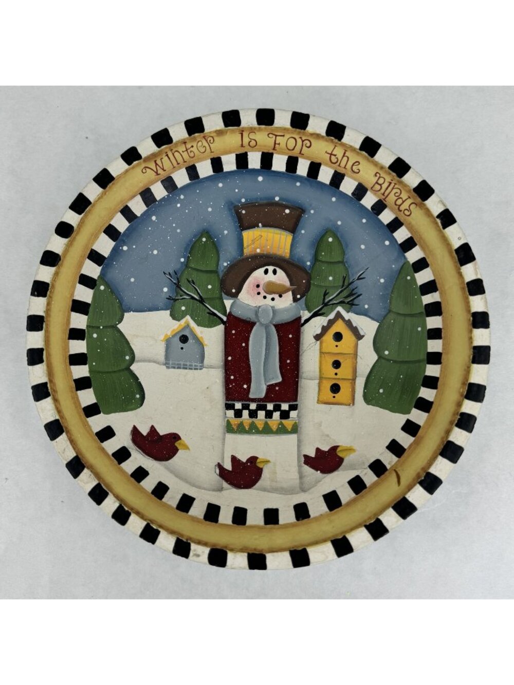 "Winter Is For The Birds" Wooden Bowl 8" Snowman Design Rustic Hand-Painted